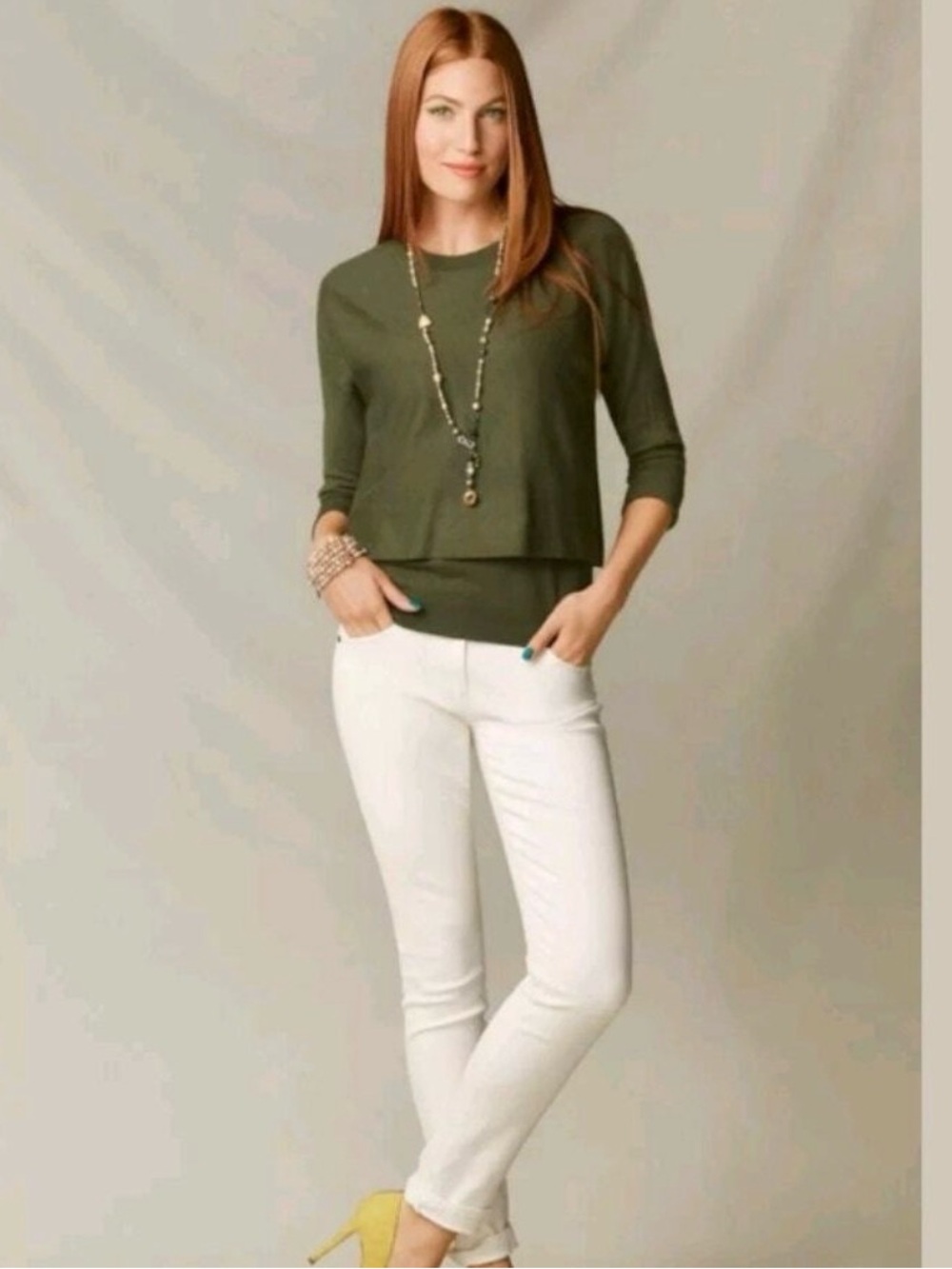Cabi Twofer Pullover Crop Sweater Tank Set Sz S Layered Olive Green